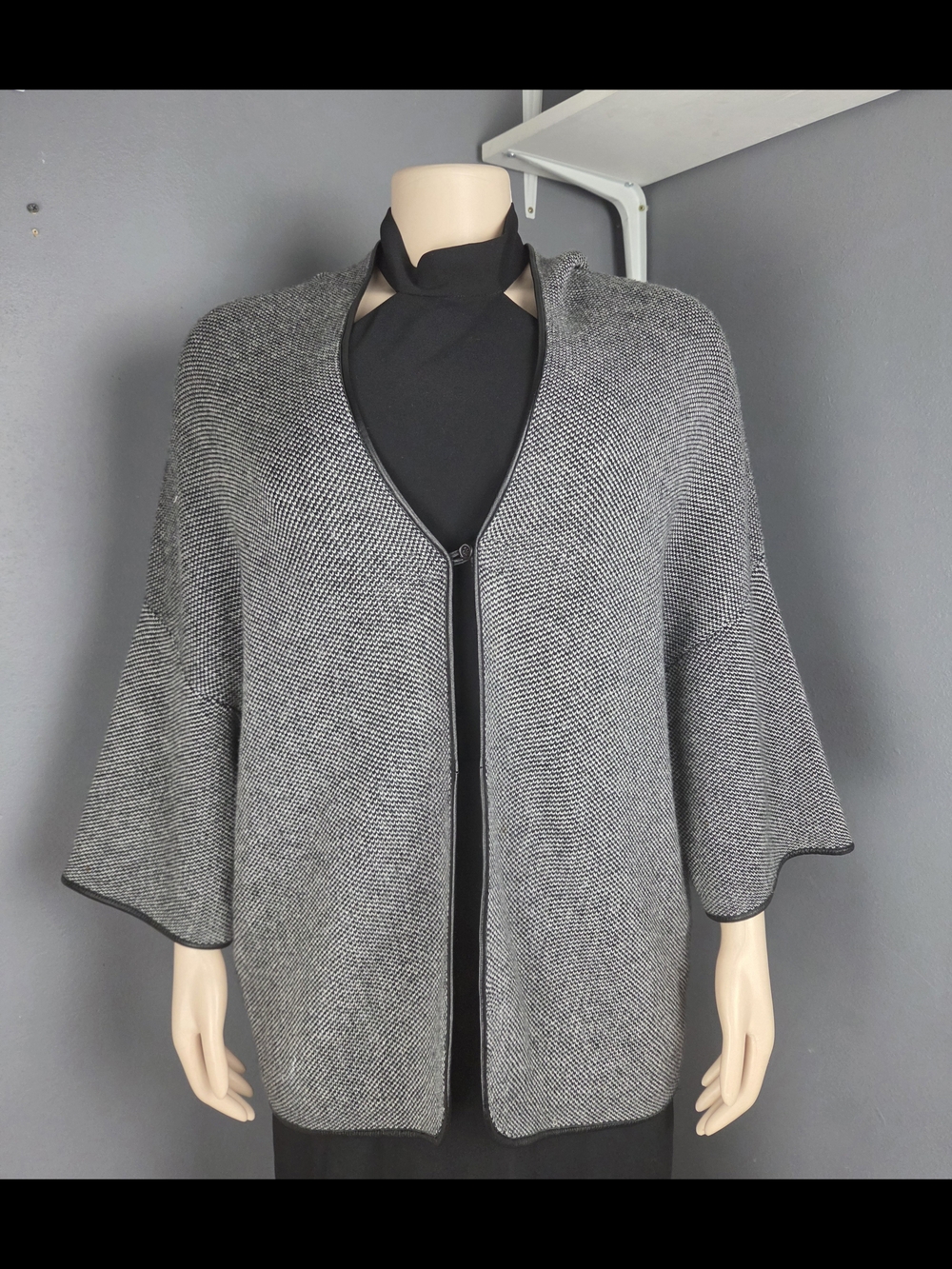 Massimo Dutti Gray Knit Open-Front Poncho with Black Trim